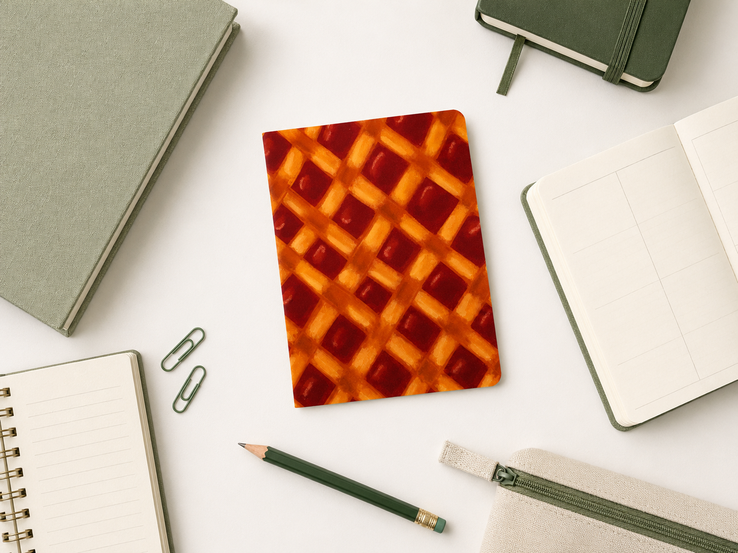 A small notebook with a red and orange waffle pattern lies on a white desk surrounded by other stationery items, including notebooks, a pencil, paper clips, and a zipper pouch.