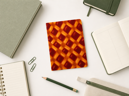 A small notebook with a red and orange waffle pattern lies on a white desk surrounded by other stationery items, including notebooks, a pencil, paper clips, and a zipper pouch.