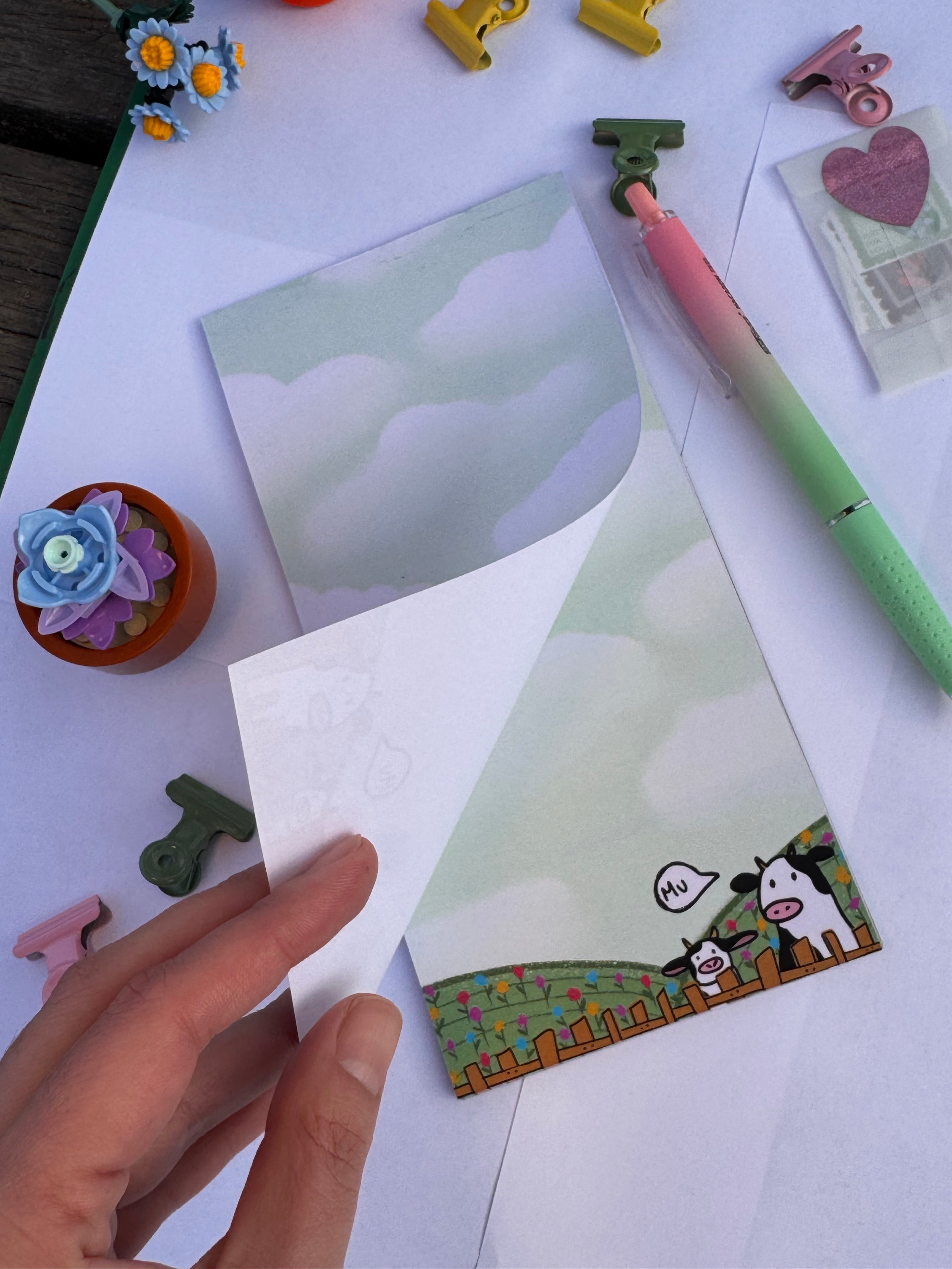 Spring Cows and flowers Bundle: pen + memopad + 5 stickers
