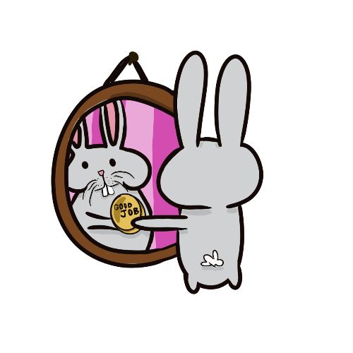 A cartoon rabbit in gray stands in front of a hanging oval mirror, pointing at its reflection which holds a gold coin that reads 'DO NO JOB'. The background is plain white.