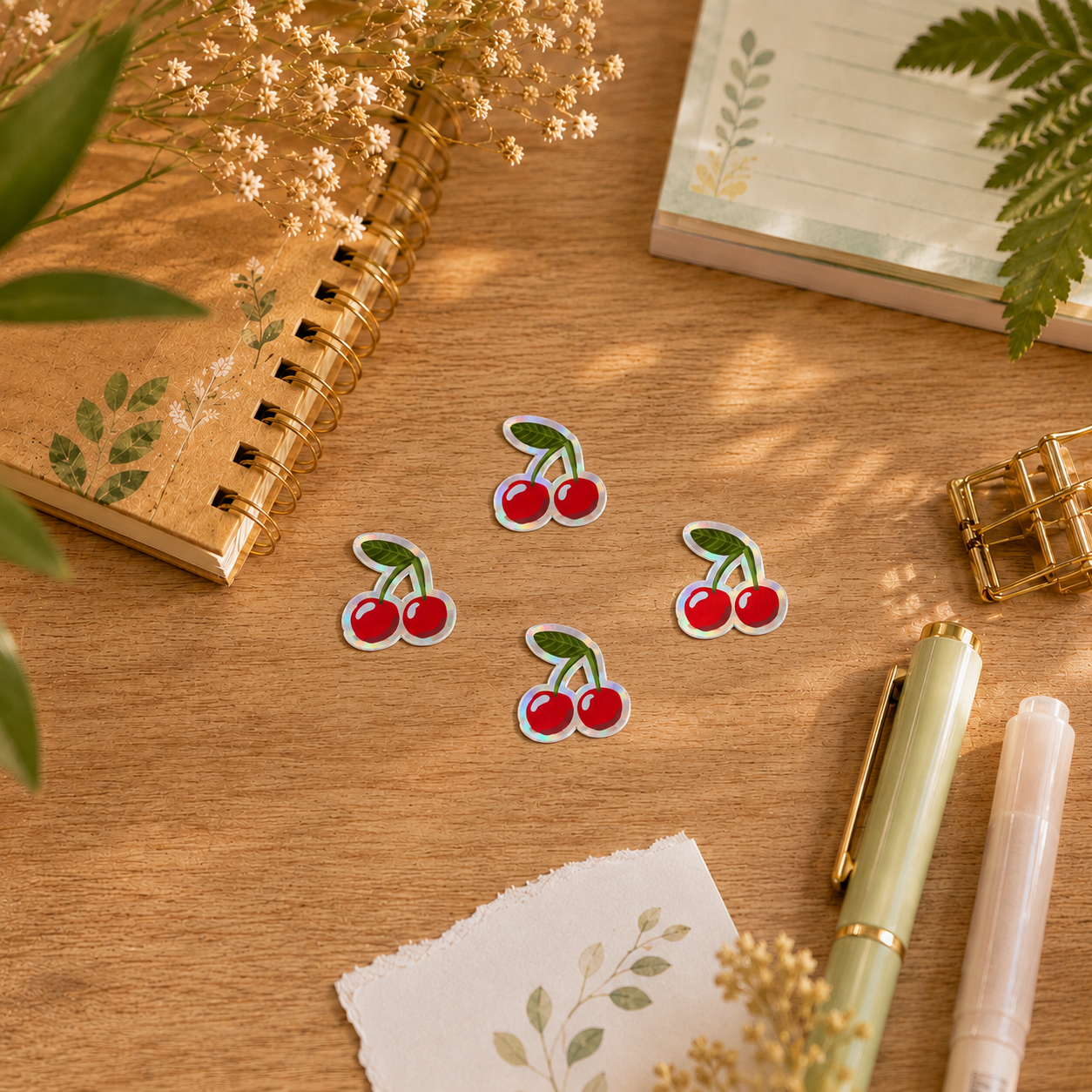 Four cherry-shaped stickers with red cherries and green leaves arranged on a wooden desk alongside stationery items including a notebook, pen, and paper clips.