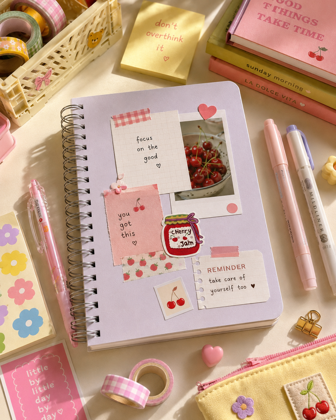 A pastel lavender spiral notebook decorated with cherry-themed stickers, notes, and a photo of cherries, styled on a light beige surface with pens, washi tape, sticky notes, and other stationery around it.