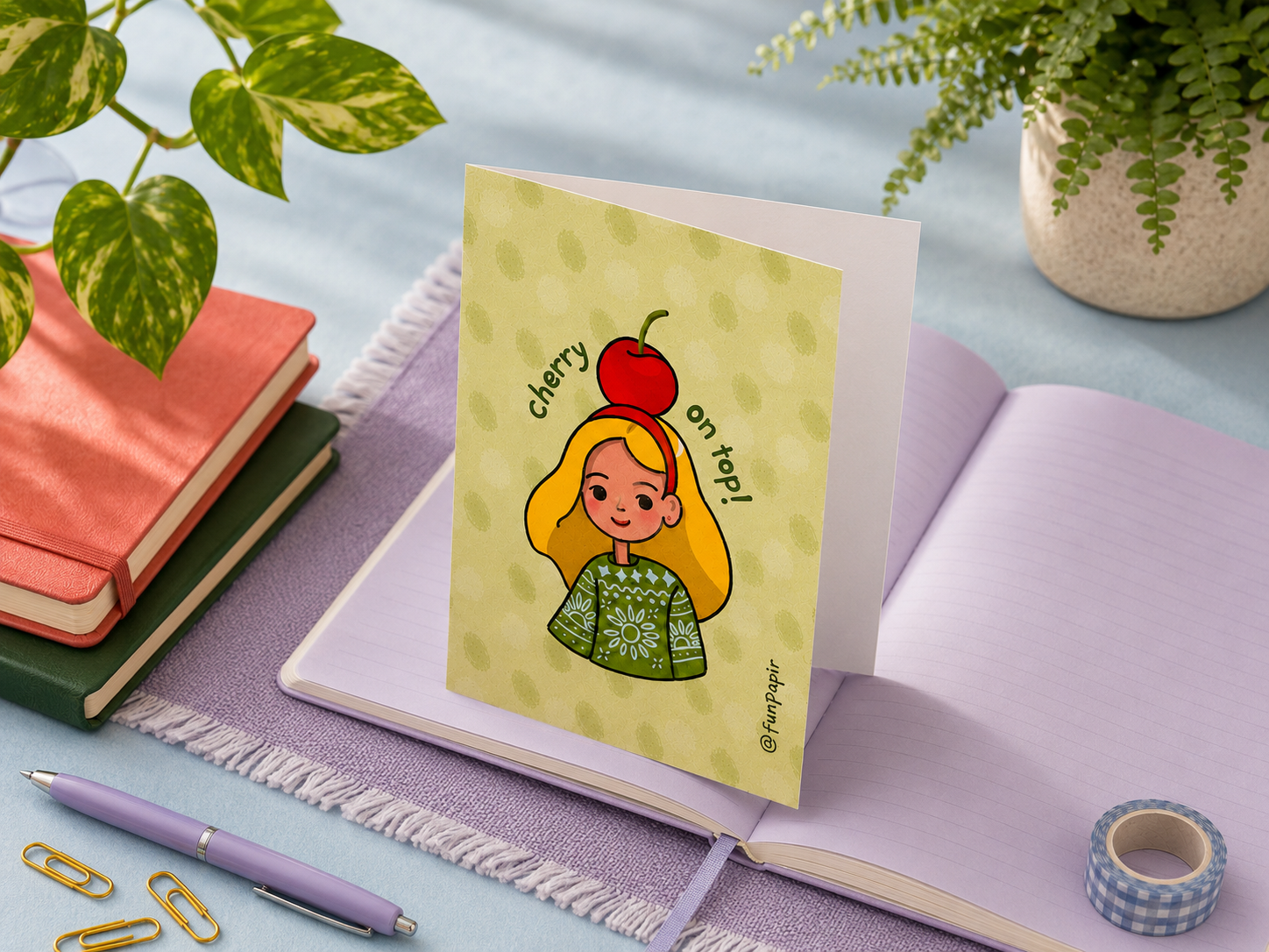 A square greeting card with a cartoon illustration of a girl with a red apple on her head, styled on an open lavender notebook with books, a pen, paper clips, and washi tape around it.