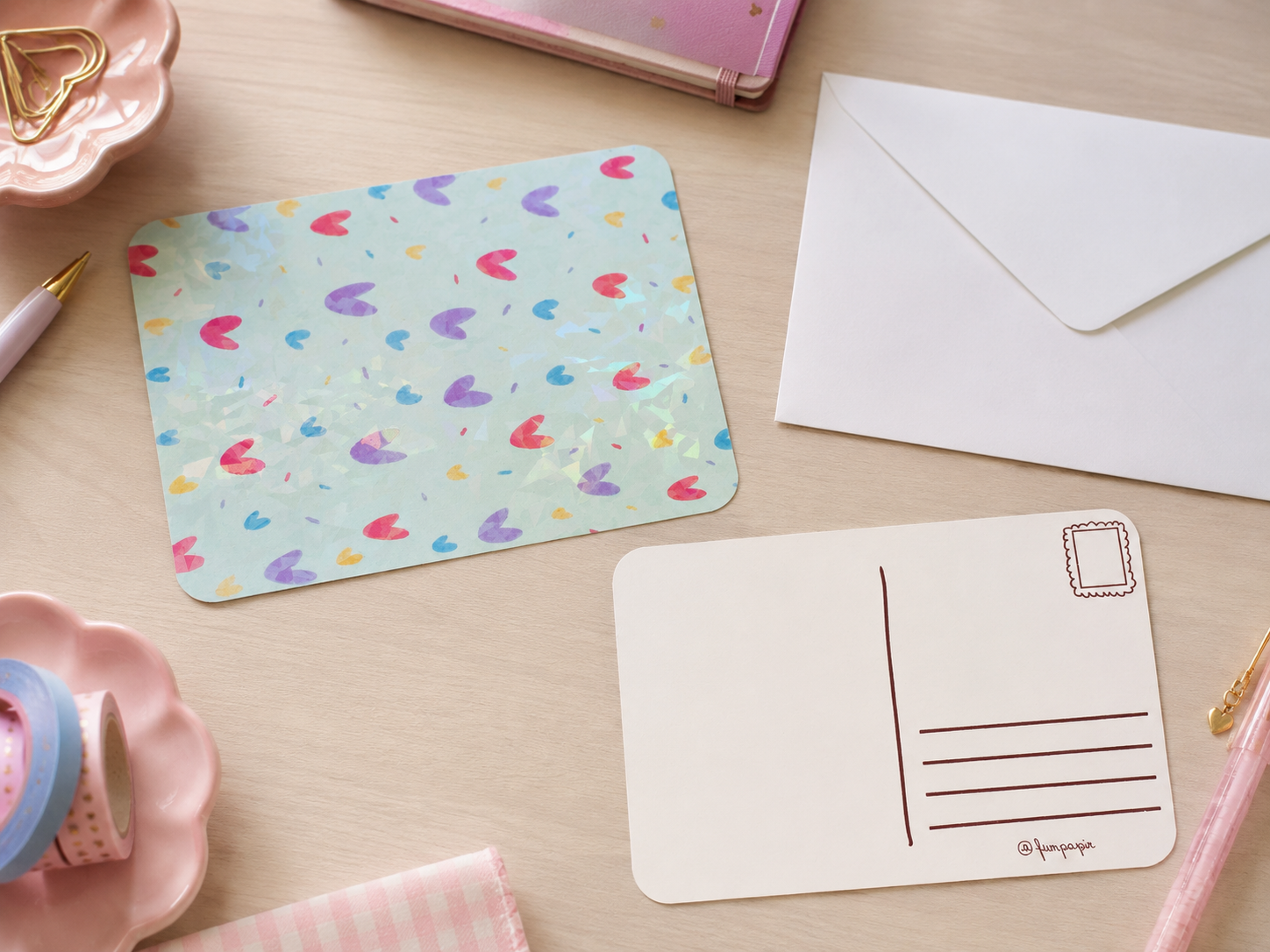A flat-lay of stationery items on a light wood desk, featuring a pastel postcard with a colorful heart pattern, a blank postcard with address lines, a white envelope, and pink pens.