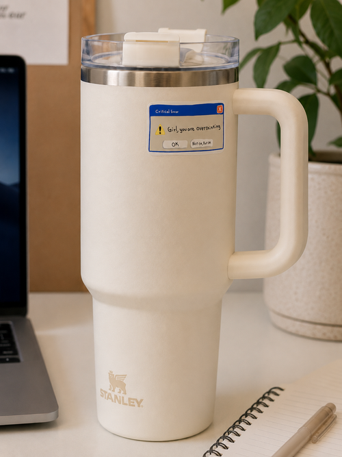 A cream-colored Stanley travel mug with a clear lid and handle, sitting on a desk next to a laptop, notebook, and plant.
