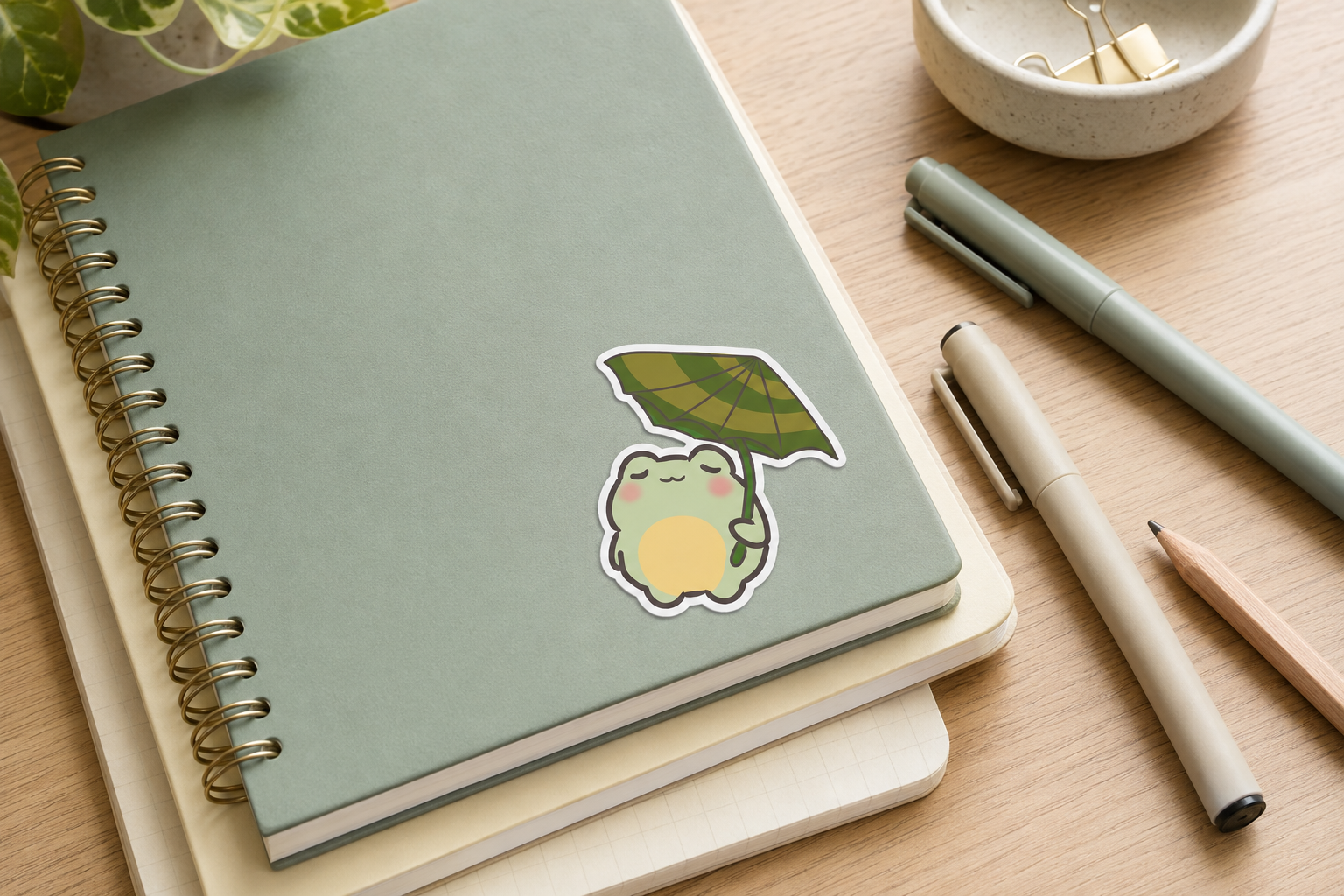 A mint green spiral notebook with a cute sticker of a frog holding a green leaf umbrella, styled on a wooden desk with pens, a pencil, and a small dish.