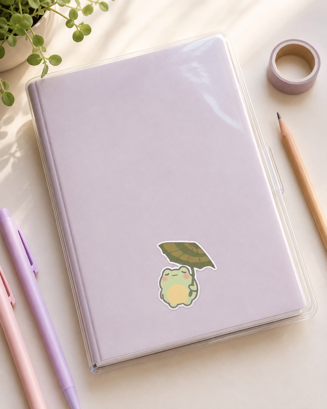 A light lavender notebook in a clear plastic sleeve, decorated with a cute sticker of a frog holding a green leaf umbrella. The notebook is styled on a warm cream surface with pastel pens, a pencil, and washi tape.