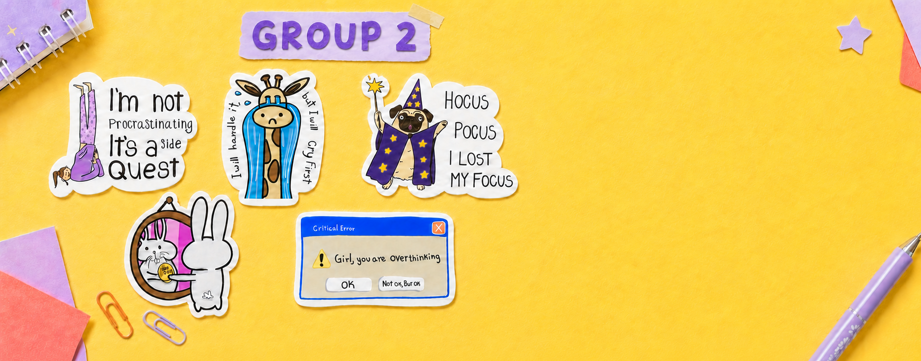 A set of hand-drawn die-cut stickers arranged on a bright yellow background with stationery props. The stickers feature whimsical illustrations and text, including a giraffe with glasses, a wizard, a rabbit, a computer error message, and a purple label reading 'GROUP 2'.