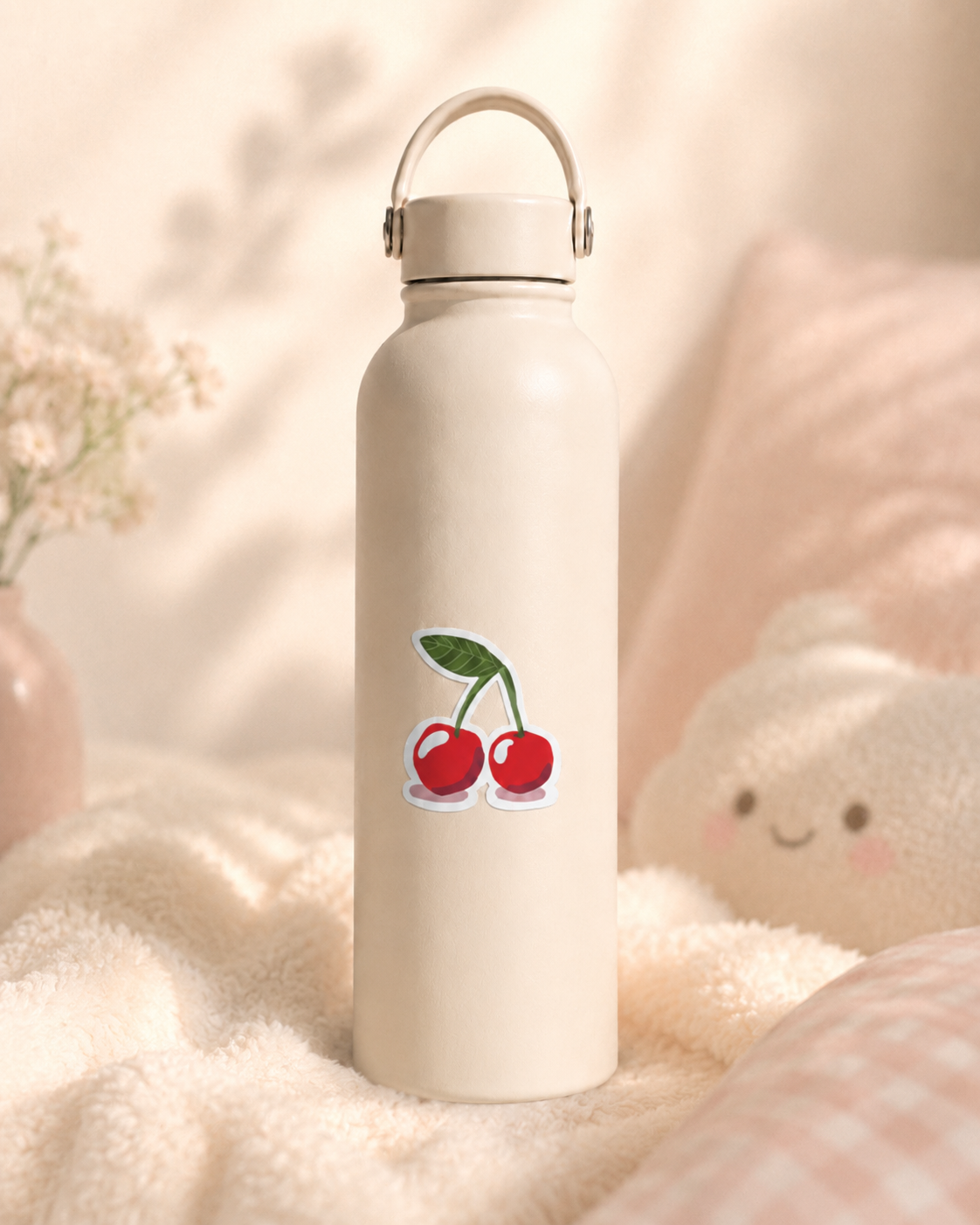 A cream-colored insulated water bottle with a cherry graphic on the front, resting on a soft beige blanket with a plush toy and flowers in the background.