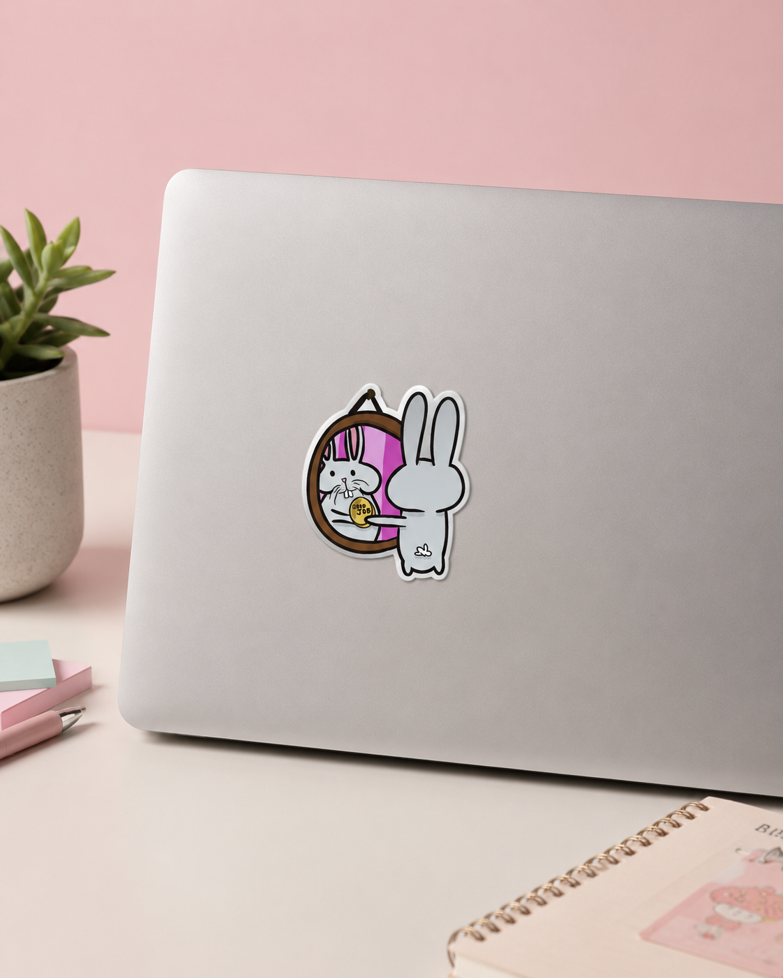 A die-cut sticker featuring a white rabbit looking into a pink mirror with a yellow flower, shown on the back of a silver laptop. The laptop sits on a light pink desk next to a small potted succulent and a spiral notebook.