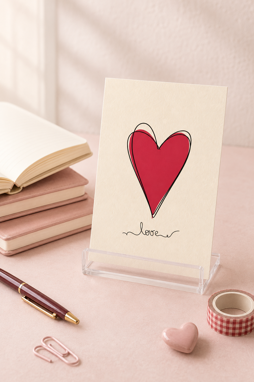 A cream-colored greeting card with a red heart and the word 'love' in cursive, displayed on a clear acrylic stand on a pink desk with stationery props.