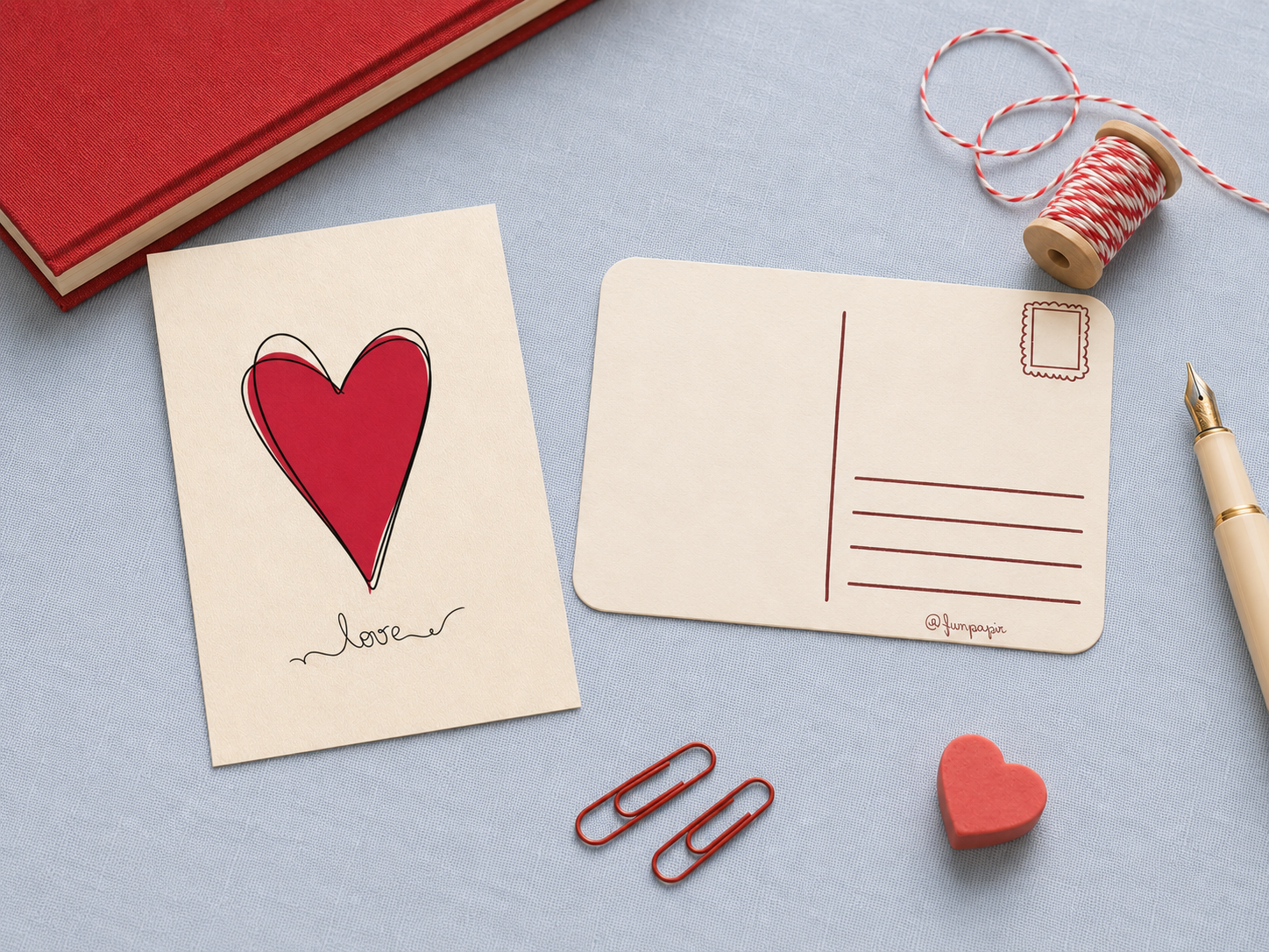 A flat-lay of a cream-colored postcard with a red heart and the word 'love' written below, displayed alongside a red book, a spool of red-and-white string, a fountain pen, paperclips, and a small red heart on a light blue background.