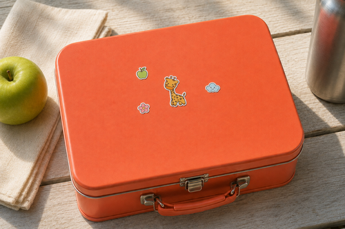 An orange metal lunch box with a handle and latch, decorated with small animal and flower stickers, placed on a wooden table with a green apple and a stainless steel cup nearby.