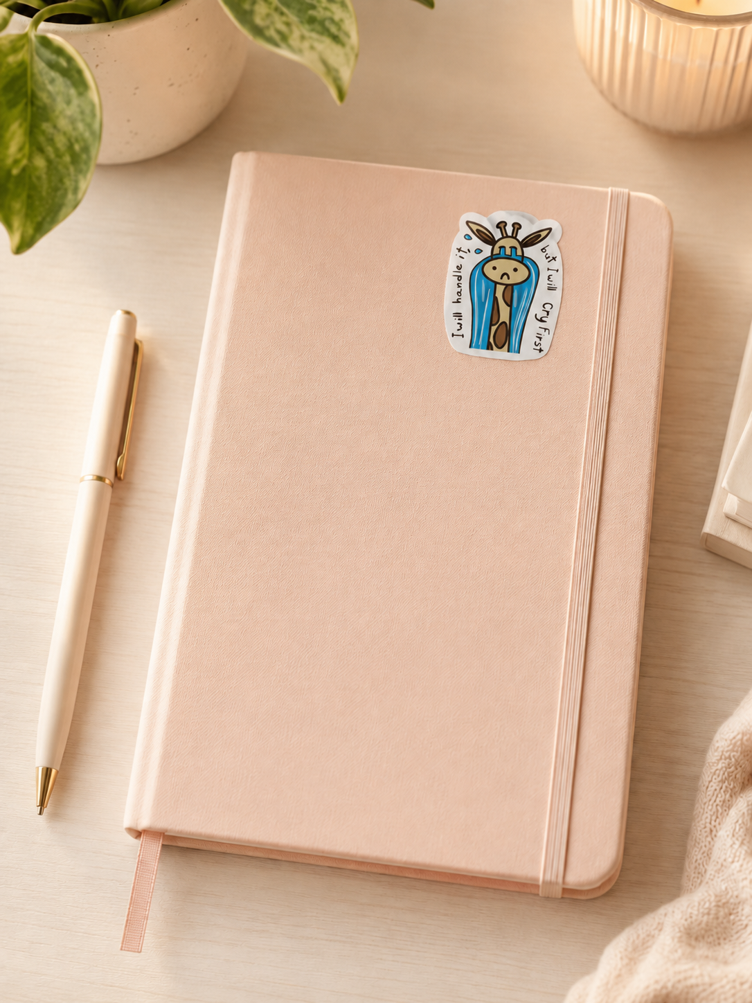 A blush pink hardcover journal with an elastic closure and a small illustrated sticker on the cover, styled on a light wood surface with a pen, plant, and candle nearby.