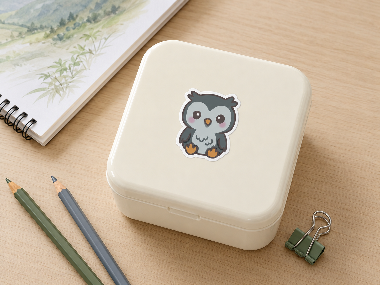A cream-colored square lunch box with a cute owl sticker on the lid, styled on a light wood desk next to a notebook, pencils, and a binder clip.
