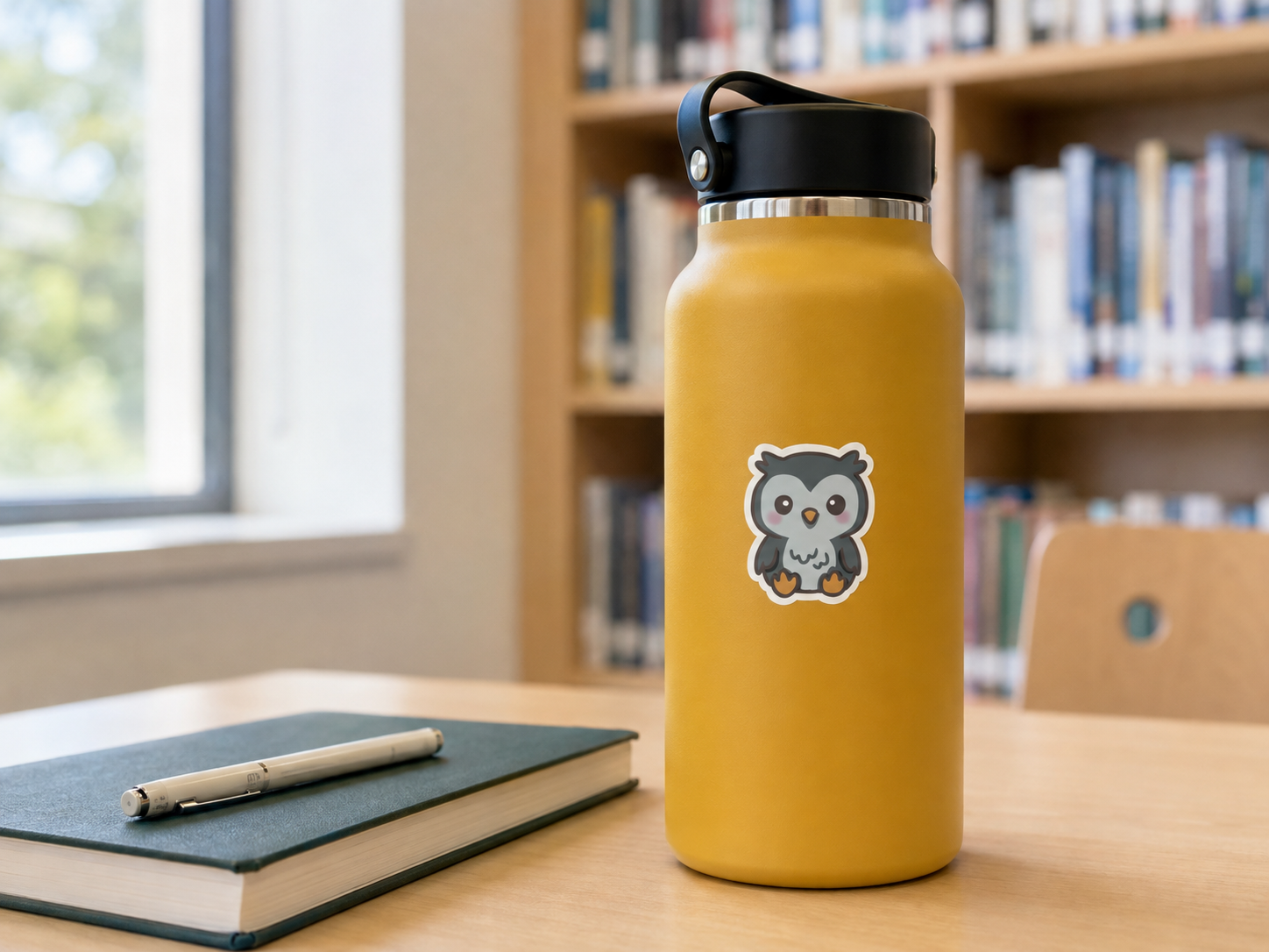 A yellow insulated water bottle with a black lid and a cartoon owl sticker, standing on a wooden table in a library or study setting with a notebook and pen nearby.