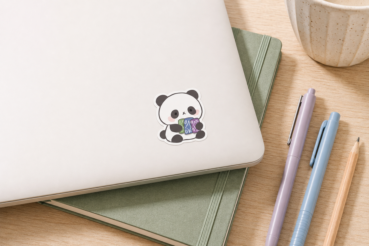 A small panda sticker holding a colorful 'LOVE' sign is shown on the corner of a white laptop, resting on a green notebook with pens and a pencil on a wooden desk.