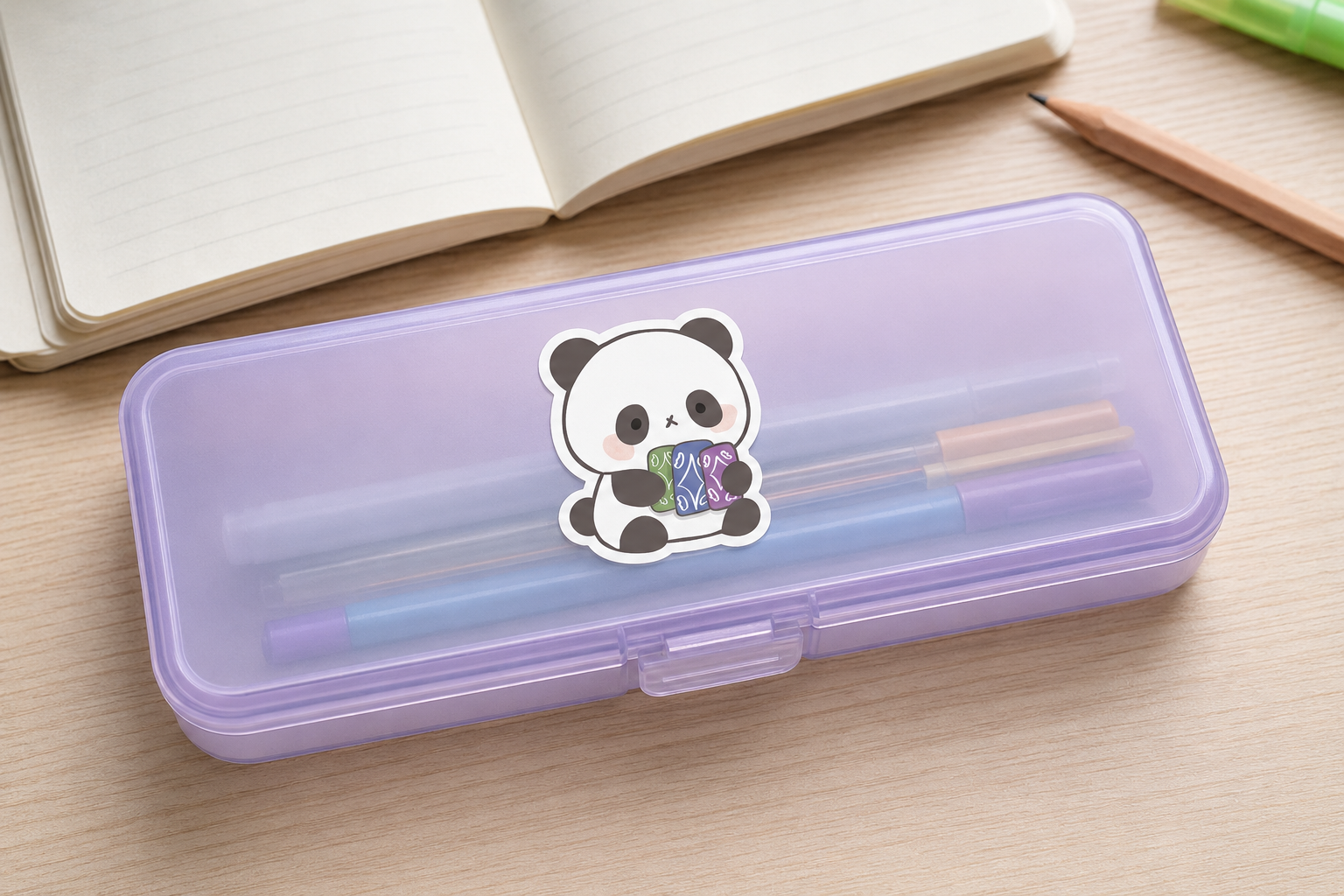A translucent lavender purple plastic pencil case with a cute cartoon panda sticker on the lid, containing pens, placed on a light wood desk next to an open notebook and a pencil.