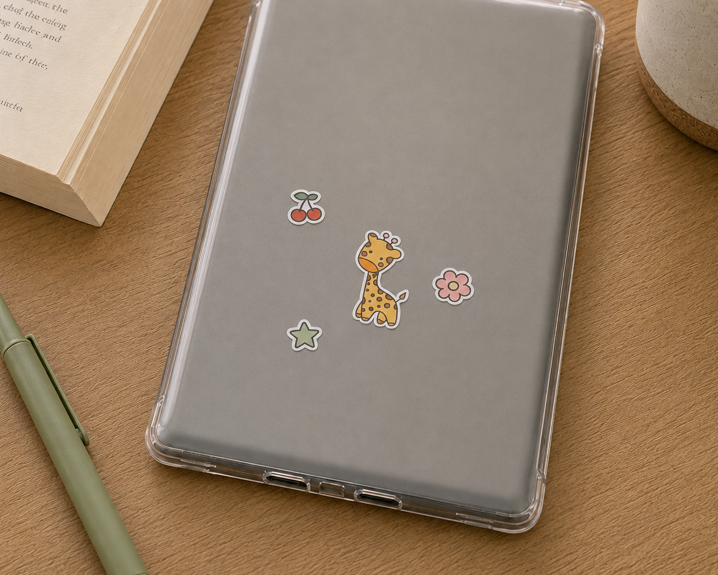A clear protective phone case with cute cartoon stickers (a giraffe, cherries, a flower, and a star) on a gray tablet, shown on a wooden desk next to a book, pen, and mug.