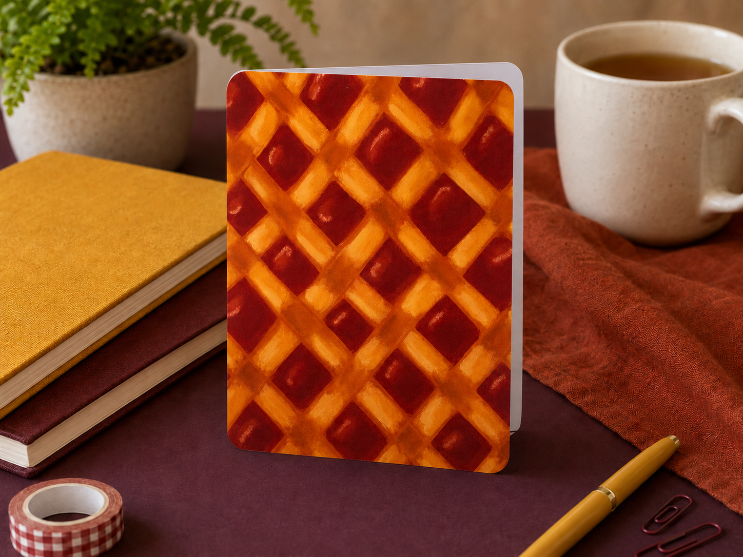 A card with a pie pattern standing upright on a desk, surrounded by a stack of notebooks, a plant, a mug of coffee, a pen, and washi tape.