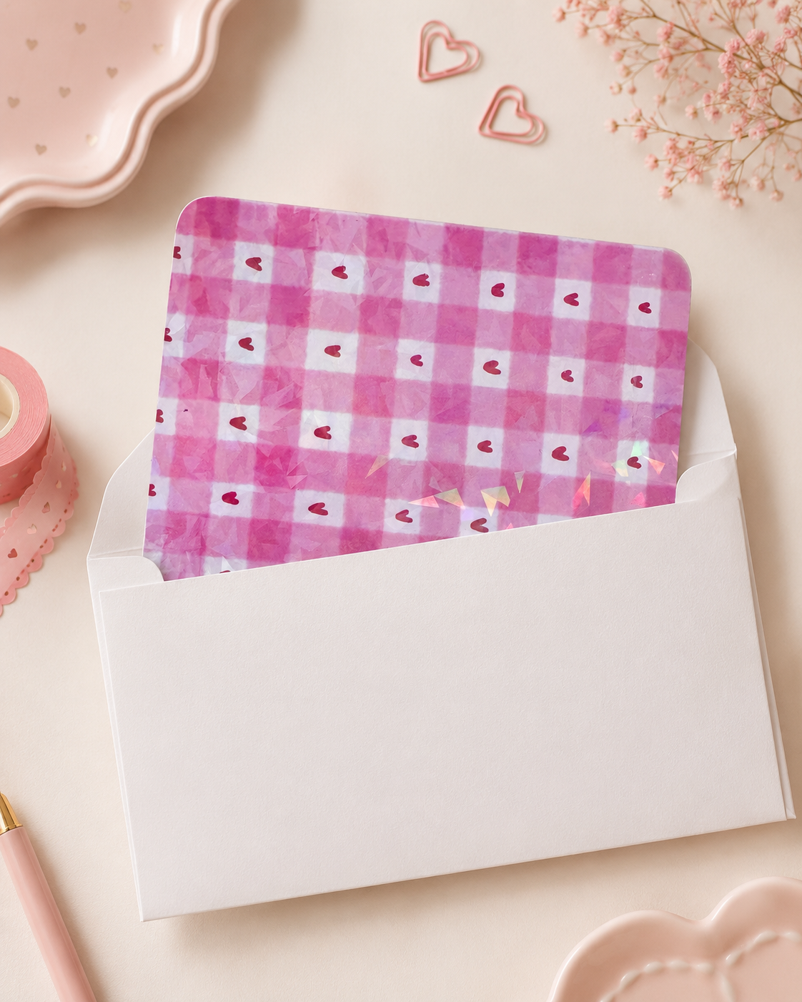 A pink and white gingham check card with small red hearts, partially tucked into a plain white envelope on a light beige surface with pastel decorative props.