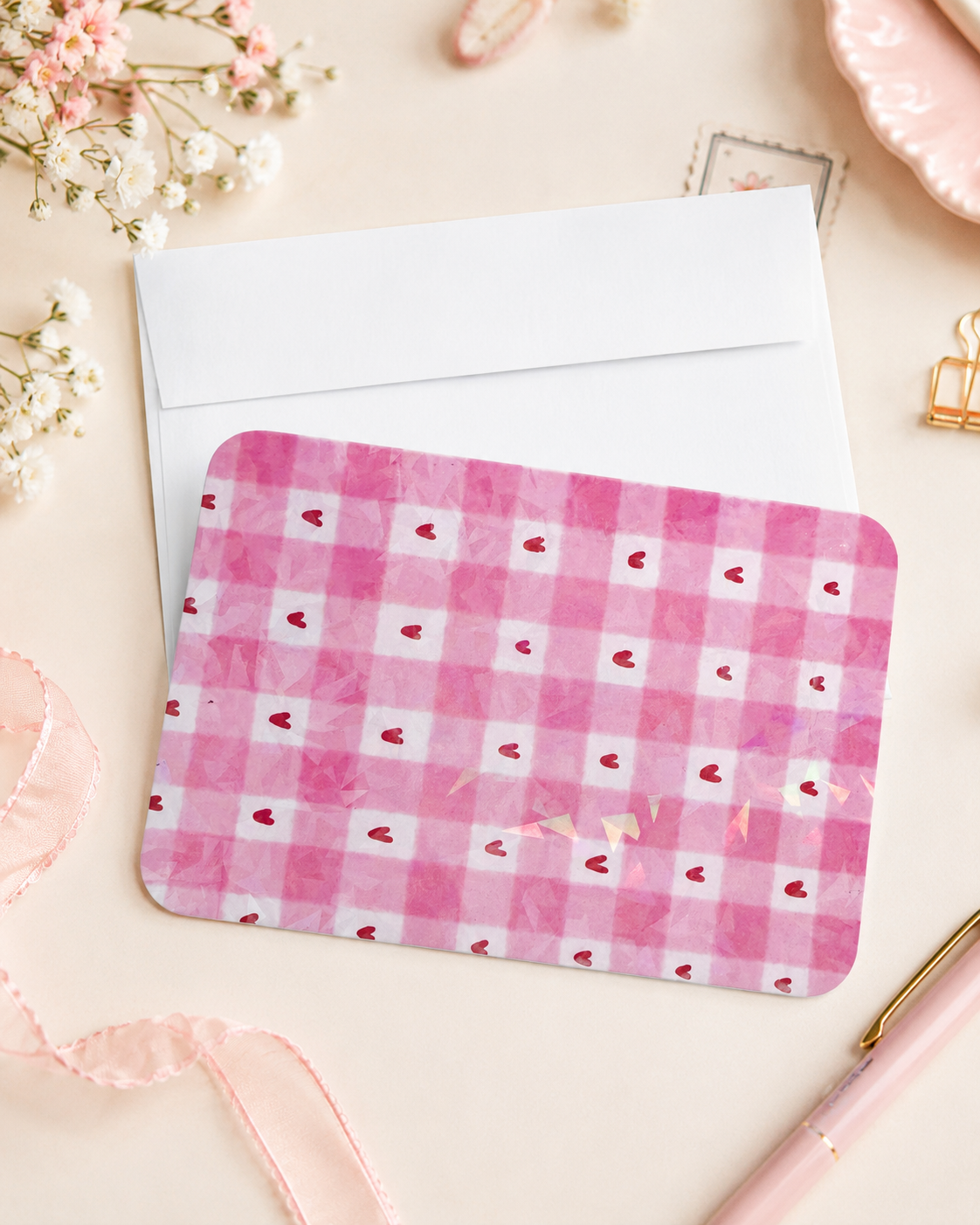 A pink and white gingham check card with small red hearts, shown with a white envelope on a light beige background with decorative floral and stationery props.