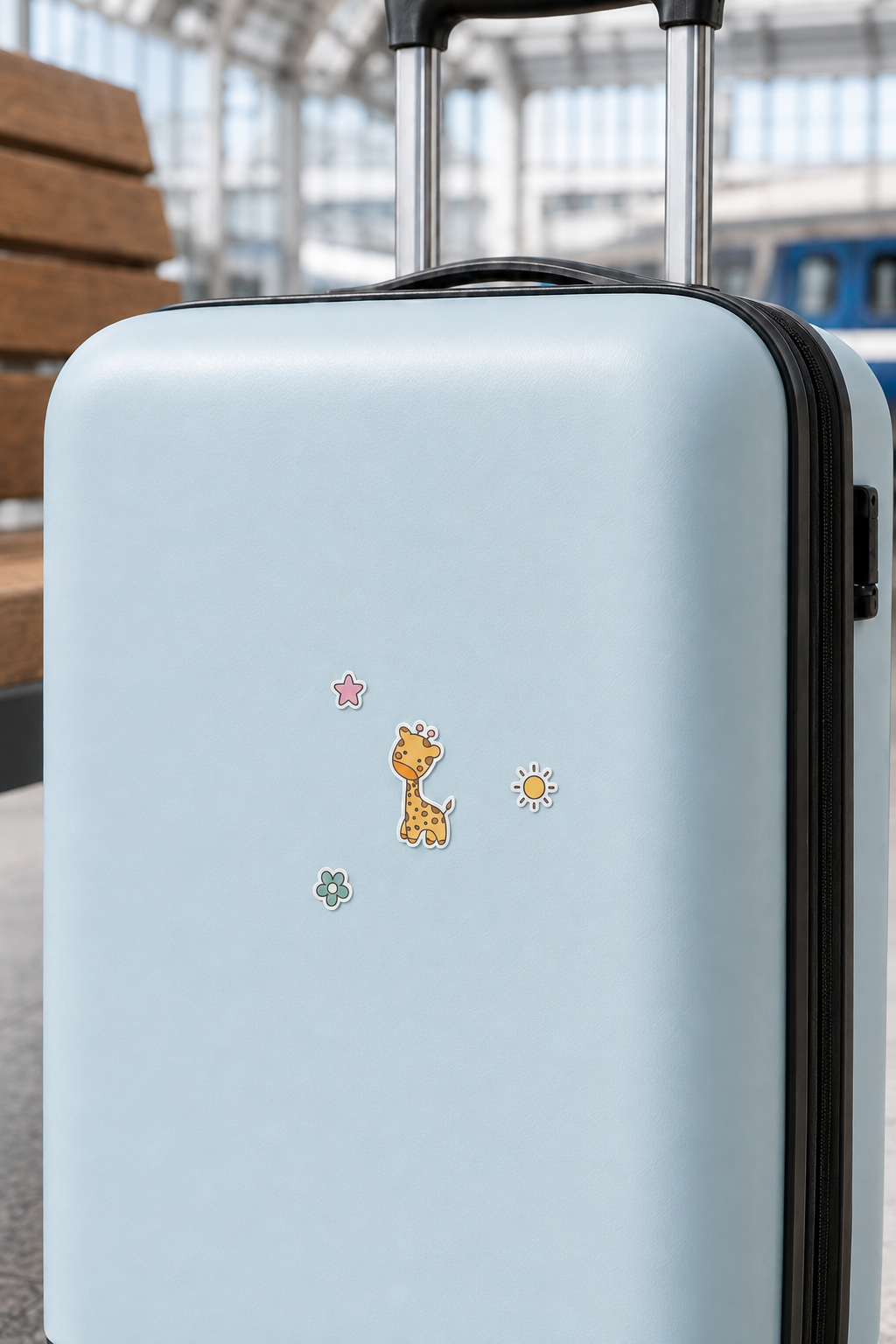A light blue hard-shell suitcase with a black telescoping handle and zipper, decorated with three small colorful stickers (a giraffe, a sun, and a star), photographed in a blurred airport or station environment.