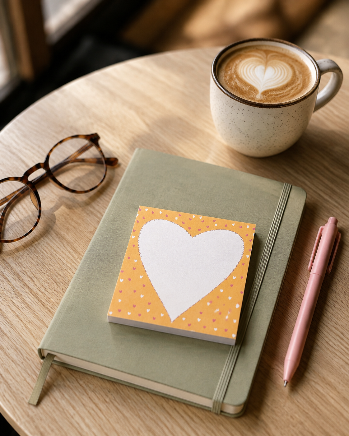 A styled flat-lay on a round wooden table featuring a sage green hardcover notebook with a small yellow sticky note that has a white heart, next to a cup of latte, eyeglasses, and a pink pen.